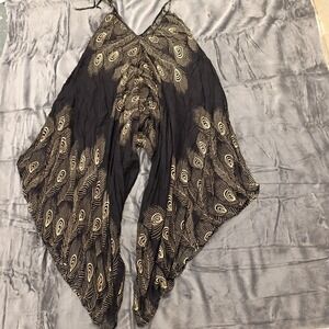 Kathmandu Imports Peacock Feather Harem Jumpsuit Boho Festival Rayon One Piece